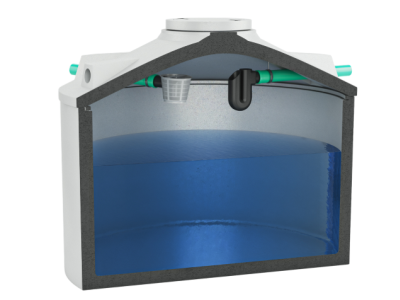 Betonzisterne mit verbautem Gartenpaket. Einmal mit Korbfilte rund Siphon